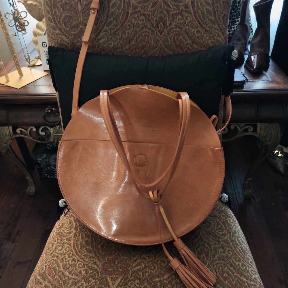 Brown Shoulder Bag with Round Shape Smooth Leather and Long Strap